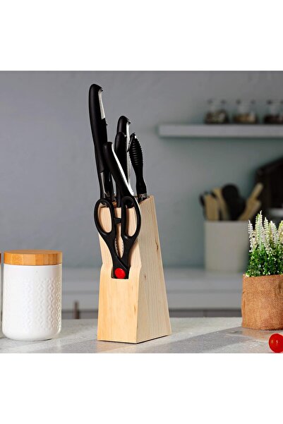 ROYALFORD 7-piece Kitchen Knife Set with Wooden Block, Scissors & Sharpener (Black, RF10229)
