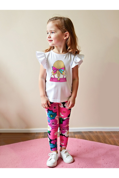 Take Two By Styli Kids Pink Floral Leggings and T-Shirt 2 Pcs Set