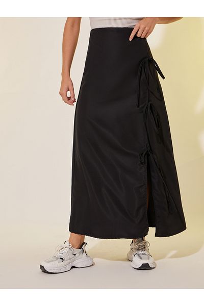 Styli Solid Tie Detail Wrap Look A-Line Maxi Skirt