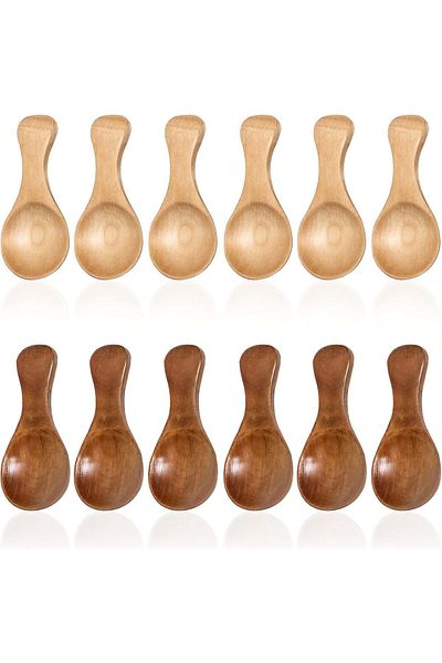 Generic Tazweeq 12 Pcs Set of Small Wooden Spoons, 3.35 Inches, Natural & Brown, Ideal for Salt, Sugar, Jam
