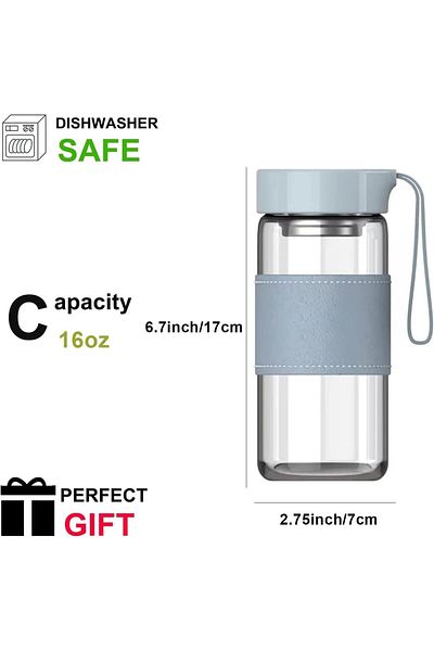 Generic Tazweeq Glass Water Bottle, 16oz Drinking Bottle with Non-Slip Holster, Stainless Tea Infuser and L