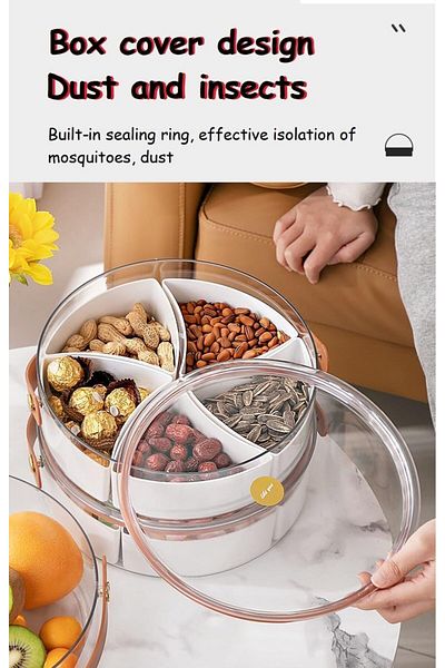 COOYA Round Plastic Divided Serving Tray With Lid and Handle,Travel Candy Organizer for Daily Use