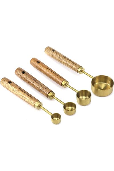 Generic ALMEKAQUZ 4PCS Measuring Cups Spoons Set Gold Kitchen Baking Tools with Wood Handle and Scale for C