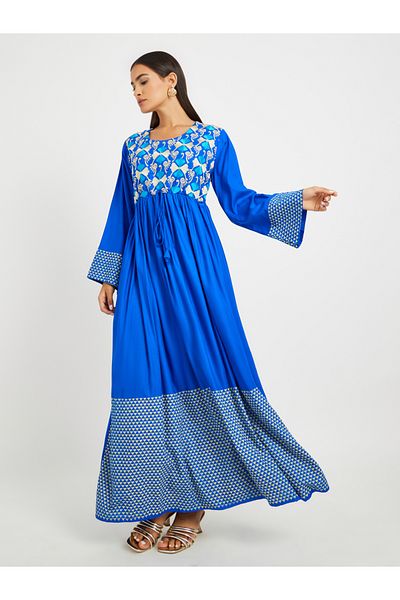 Maxim Creation By Styli Blue Geometric Print Embroidered Yoke Jalabiya