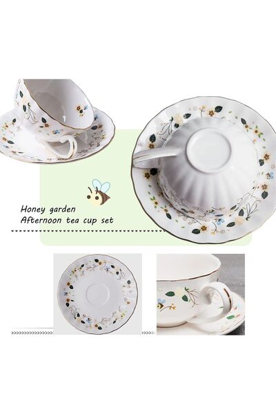 BigNoseDeer Bee & Flower Design Tea Cup & Saucer Set (1 Cup + 1 Saucer) - Porcelain,