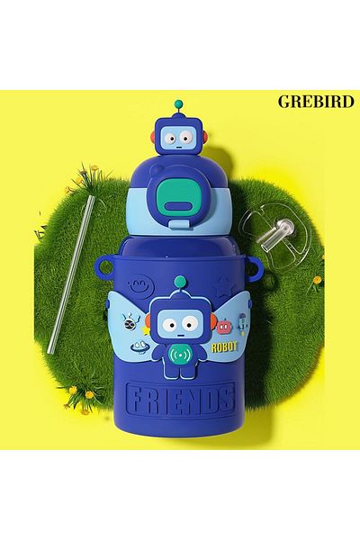 Generic GREBIRD Insulated Water Bottle for Kids, Cartoon Leakproof Straw Water Bottle, 15oz Stainless Steel