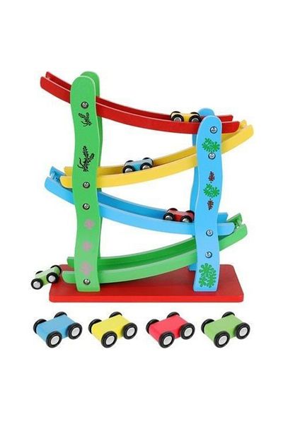 OEM Pista Montessori cu masinute din lemn - circuit cu 4 piste si 4 masinute