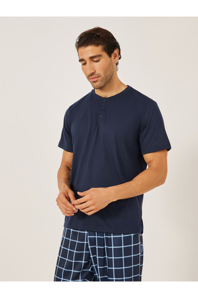 Styli Solid Henley Neck T-Shirt and Checked Pyjama Set