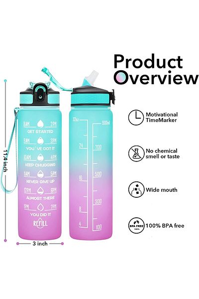 Generic ZSS Saveit, Motivational water bottle with straw and time marker, 1Liter Plastic sports water bottl