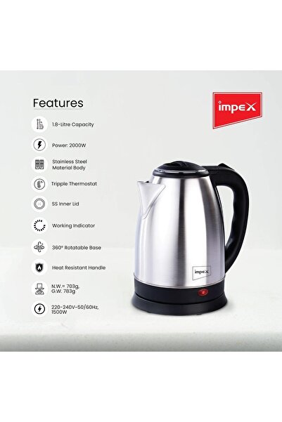 İMPEX Stainless Steel Electric Kettle 1803 — 1500W, 1.8L, Triple Thermostat