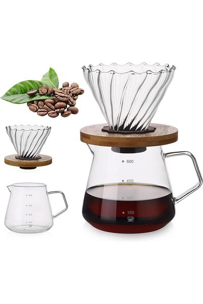Generic Azonee Pour Over Coffee Maker, 600ML Clear Glass Pour Over Coffee Maker Set with Dripper, 1Pcs Port