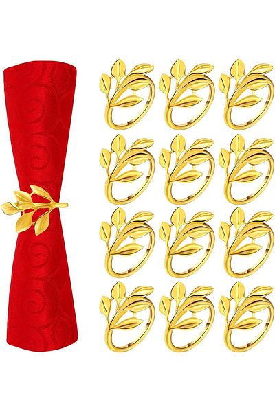 Generic Wisfunlly 12Pcs Gold Leaf Napkin Rings Set, Metal Napkin Holders for Cloth Napkins Autumn Napkin Ri