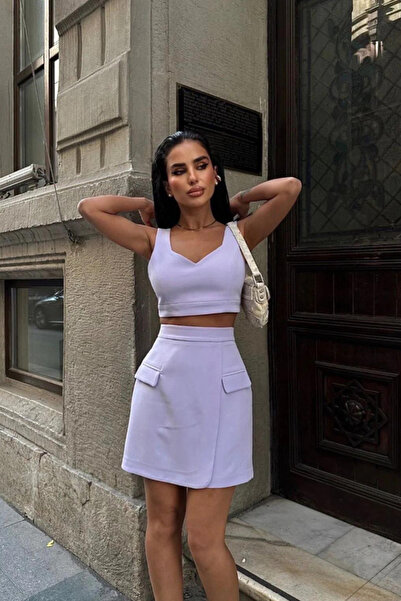 voilaromania Set dama minimalist doua piese cu top scurt si fusta cu buzunare...