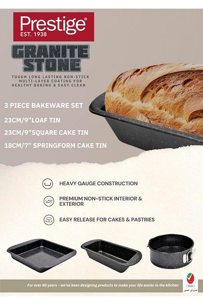 Generic Prestige 3-Piece Bakeware Set, 23cm Square Cake Tin, 23cm Loaf Tin, 18cm Springform Cake Tin | Esse
