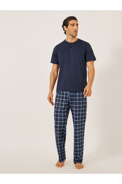 Styli Solid Henley Neck T-Shirt and Checked Pyjama Set