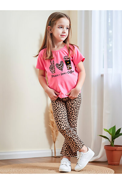 Take Two By Styli Kids 2pcs Graphic Print Short Sleeve T-Shirt and Leopard Print Flare