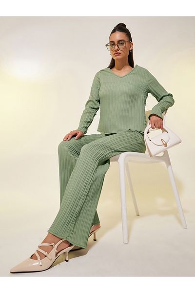 Styli Textured V Neck Long Sleeve Top and Pants Co-Ords