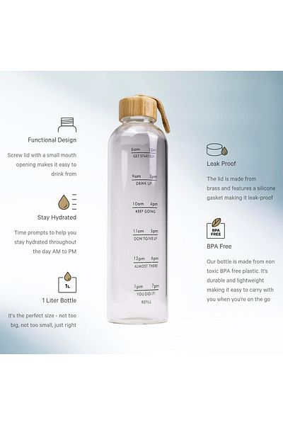 Generic Cuisine Art Ross Motivation Borosilicate Glass Bottle 1000ml Glass Water Bottle with Time Marker, L