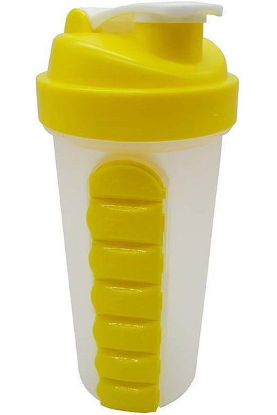 Generic Pill and Vitamin Organizer bright yellow Color Water Bottle Protein Shaker 600ml