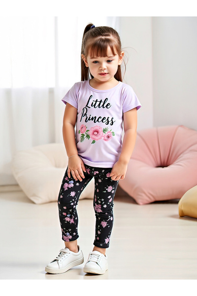 Take Two By Styli Kids 2pcs Graphic Print Short Sleeve T-Shirt and Flora Print Leggings