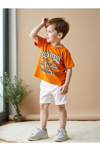 Take Two By Styli Kids 2pcs Orange Basketball Printed Short Sleeve T-Shirt and Shorts Sets