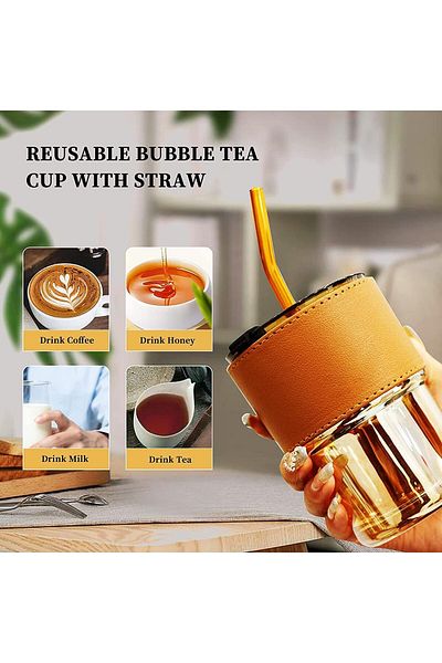 Generic KELVEE Glass Tumbler With Silicone Straw and Lid 360 ml, Cup With Leather Sleeve, Coffee Mug for St