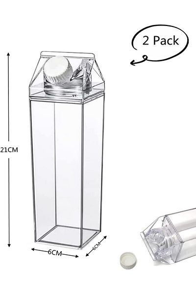 Generic Beauenty 2 Pack Cute Clear Stylish Square Milk Carton Water Bottle,Portable Drinkware,Leakproof Cup