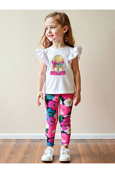 Take Two By Styli Kids Pink Floral Leggings and T-Shirt 2 Pcs Set