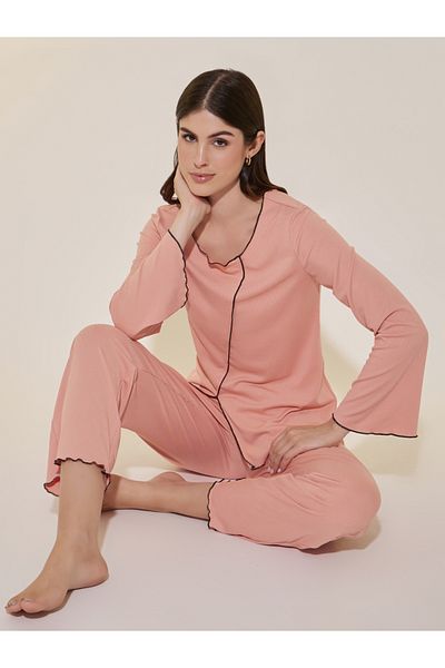Styli Edge Rib Long Sleeve T-Shirt And Pajama Set