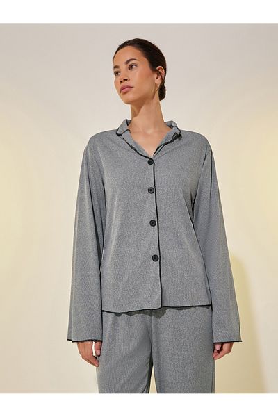 Styli Ribbed Contrast Edge Long Sleeve Shirt and Pyjama Set