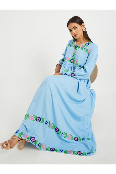 Maxim Creation By Styli Embroidered V Neck Gathered Jalabiya