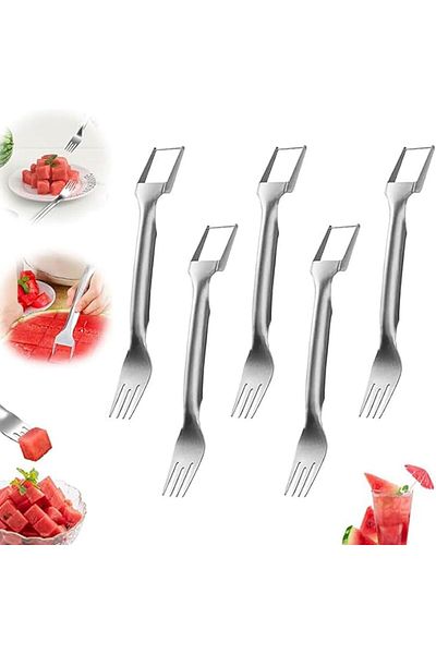 COOYA 5-piece set of 2-in-1 double-ended fruit fork cutter, stainless steel, safe and portable, for fruits