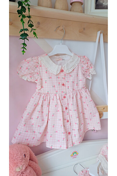 KidsMom Store Gül Detaylı Bebe Yaka Pembe Nostaljik Bebek Elbisesi
