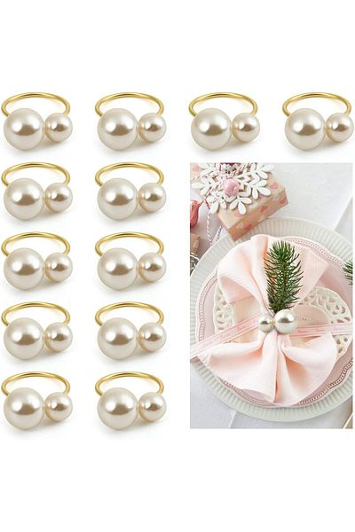 Generic ALMEKAQUZ 12Pcs Pearl Napkin Rings, Gold Napkin Ring Holders, Table Napkin Buckles for Formal or Ca