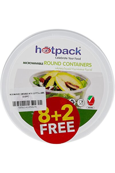 Hotpack وعاء قابل للاستخدام في الميكروويف مع غطاء دائري سعة 250 مل 8 + 2 مجانًا