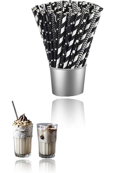 Generic Sweet seven 100-pack Biodegradable Black Paper Straws - Stars, Dots, Stripes, and Waves - Perfect f