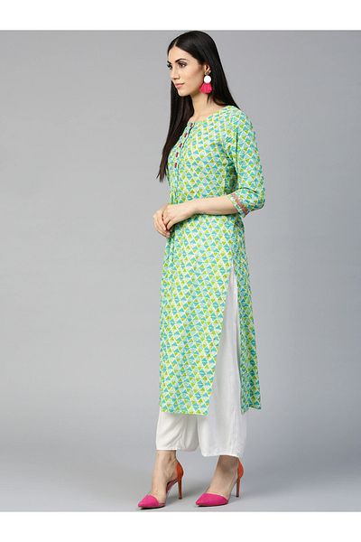 IndHeritage Premium cotton office / casual kurti - Green, blue & white printed women's kurti / kurta - IDH00071
