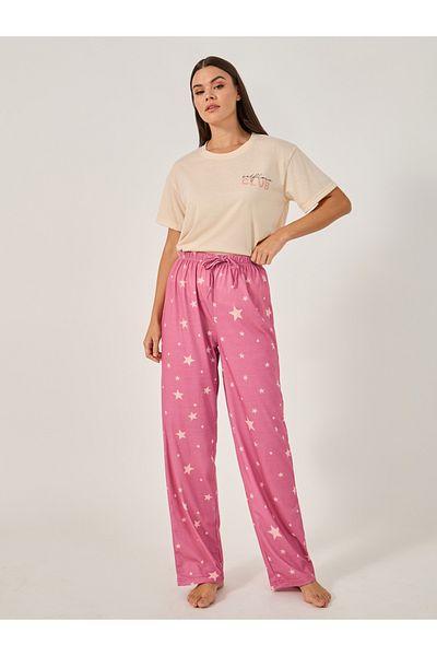 Styli Printed Pajama Set with Round Neck T-Shirt