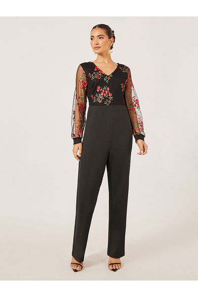 Styli Embroidered Mesh V Neck Wide Leg Jumpsuit