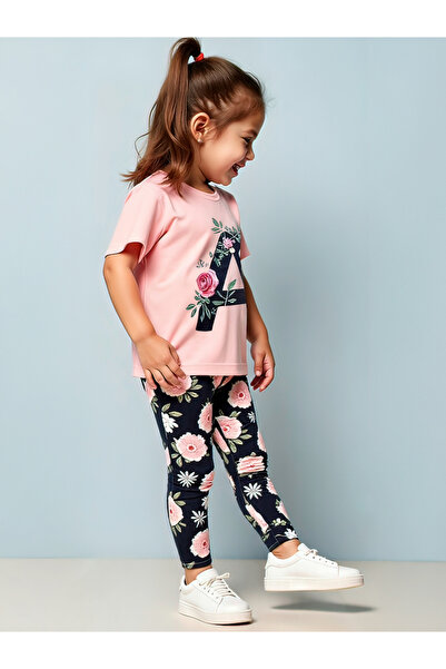 Take Two By Styli Kids 2pcs Graphic Print Short Sleeve T-Shirt and Flora Print Leggings