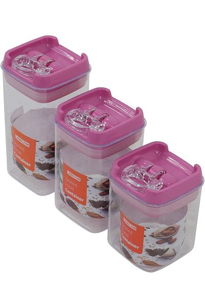 Generic Lawazim Food Container Set - 3 Piece S-M-L Clear/Pink - Transparent BPA-Free Plastic Jars with Lids