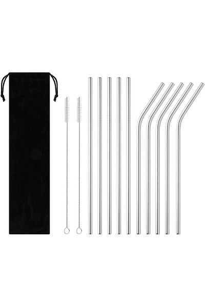 Inkbird Reusable Metal Straw 10 PCS Portable Stainless Steel Drinking Straws 2 Cleaning Brush and Tr