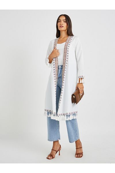 Styli Embroidered Midi Length Kimono with Tassel Trim