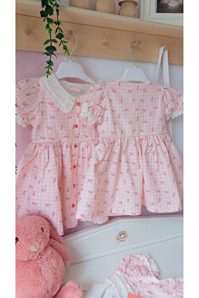 KidsMom Store Gül Detaylı Bebe Yaka Pembe Nostaljik Bebek Elbisesi