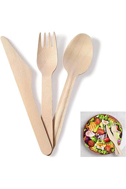 Generic مجموعة أدوات مائدة خشبية للاستخدام مرة واحدة - 3 قطع (ملعقة خشبية، شوكة، سكين)، ورق كرافت، فردية