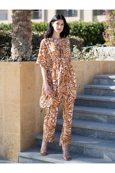 Sanskrutihomes By Styli Floral Printed Side Drawstring Waist Top and Straight Pyjama Set