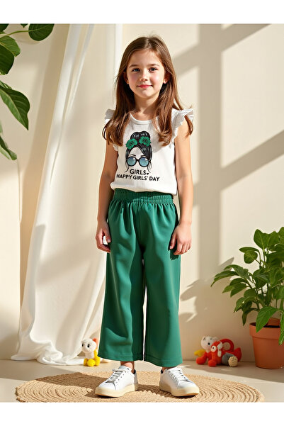Take Two By Styli Kids Green Printed T-Shirt and Wide Leg 2pcs Pant
