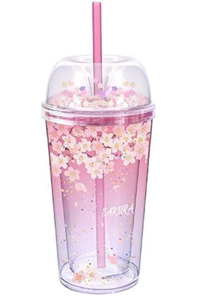 Generic Miniso Sakura Blossom Series Double Wall Plastic Water Bottle with Straw, 420 ml Capacity