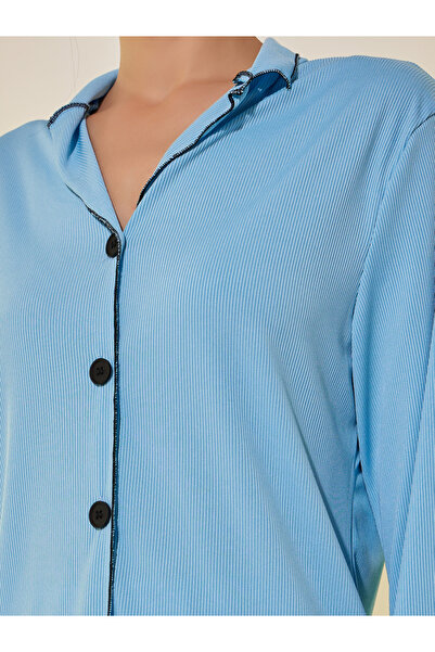 Styli Ribbed Contrast Edge Long Sleeve Shirt and Pyjama Set