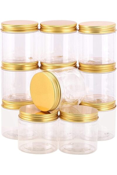 Alsaqer 12 Pieces 350 ml Empty Bottle Refillable Clear Plastic Jars with Gold Lids for Food Home Sto